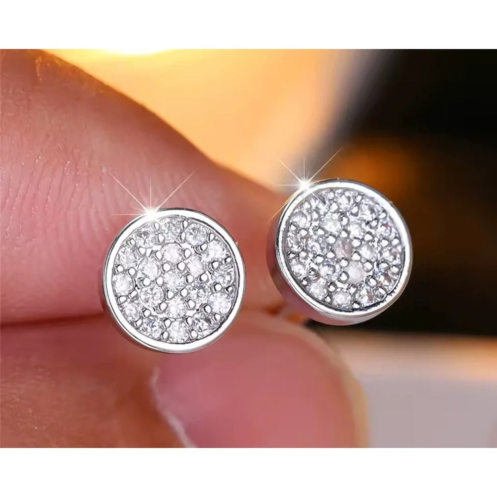 Sparkling Iced Crystal Round Stud Earrings Silver Plated Stainless‎